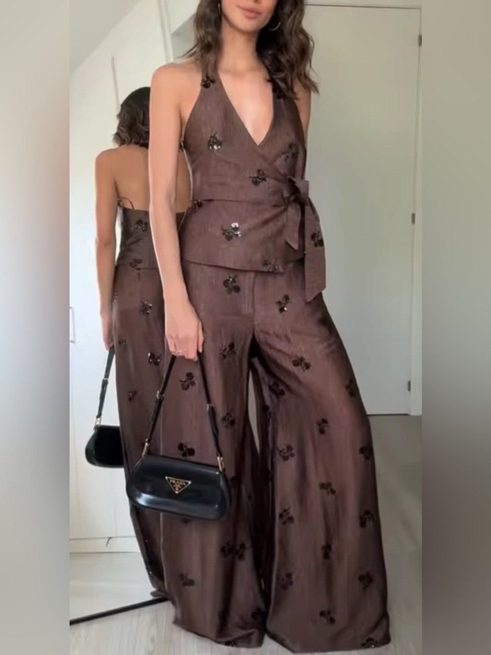 NEW $189 Jesina Brown Halter Wide-Leg Pant Set Jumpsuit with Tie Waist